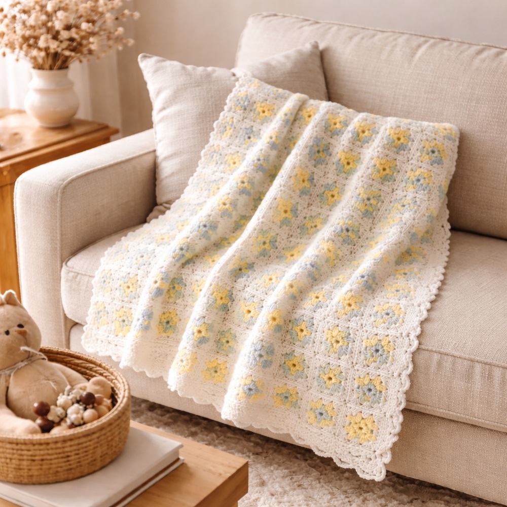 Handmade Crochet Granny Style Blanket Pastel Yellow Blue White 48x37 Cottagecore